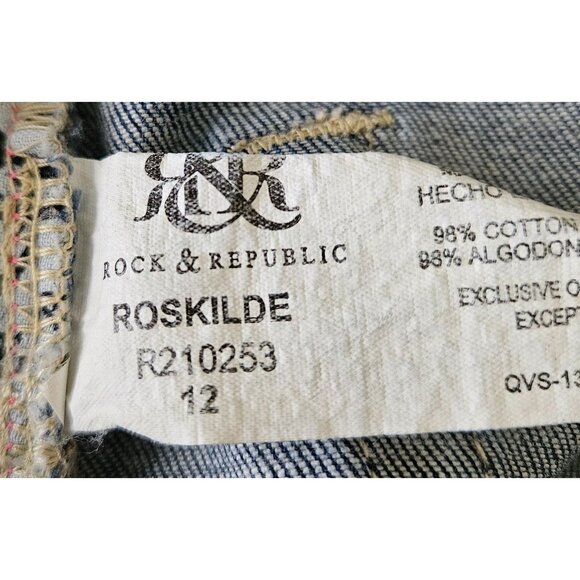 Rock & Republic Roskilde Size 12 Stretch Denim Capri Medium Wash Rhinestone Logo - Picture 6 of 7